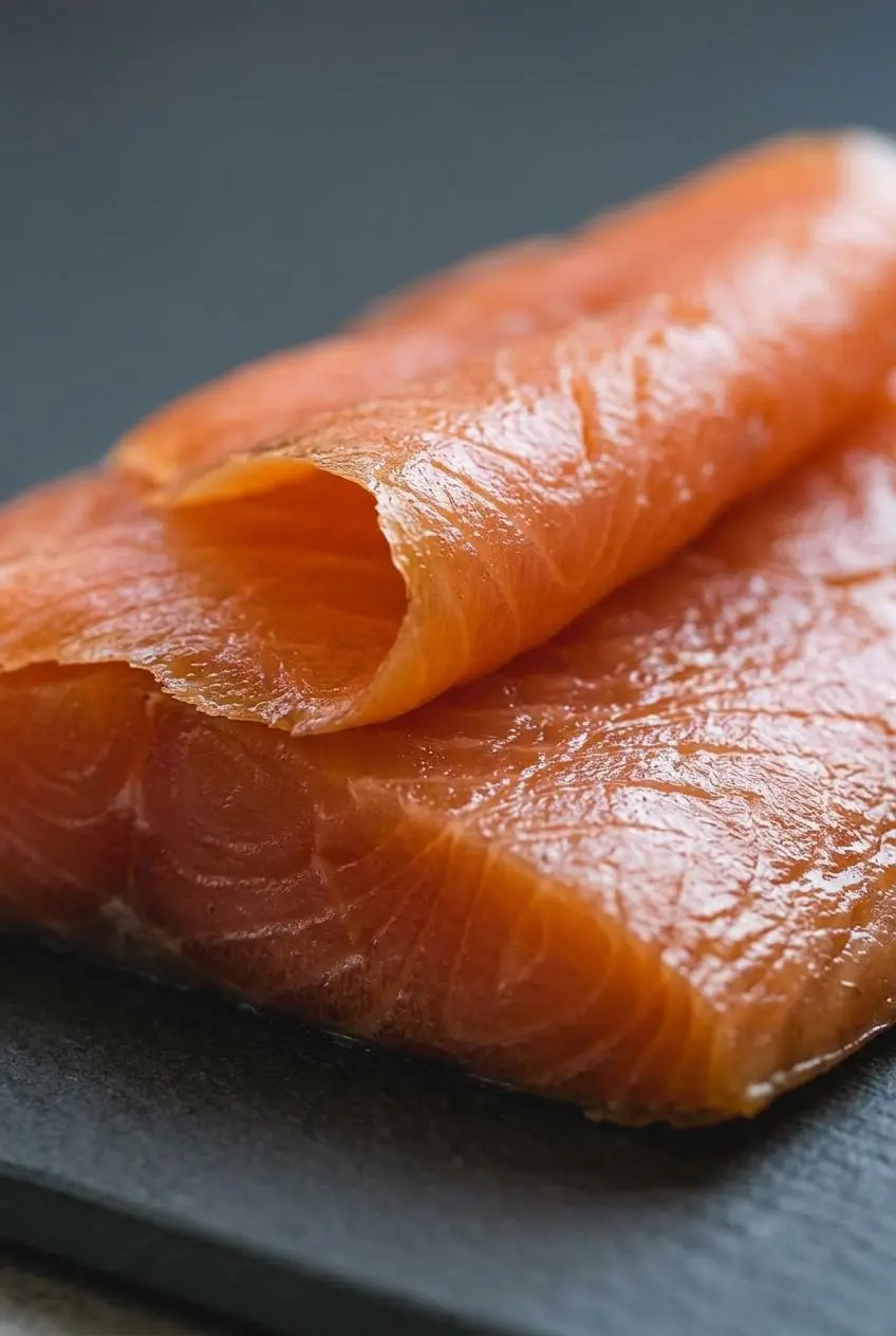 A macro close-up of cold smoked salmon, showing the firm, silky texture and glossy pellicle of the cured fish.