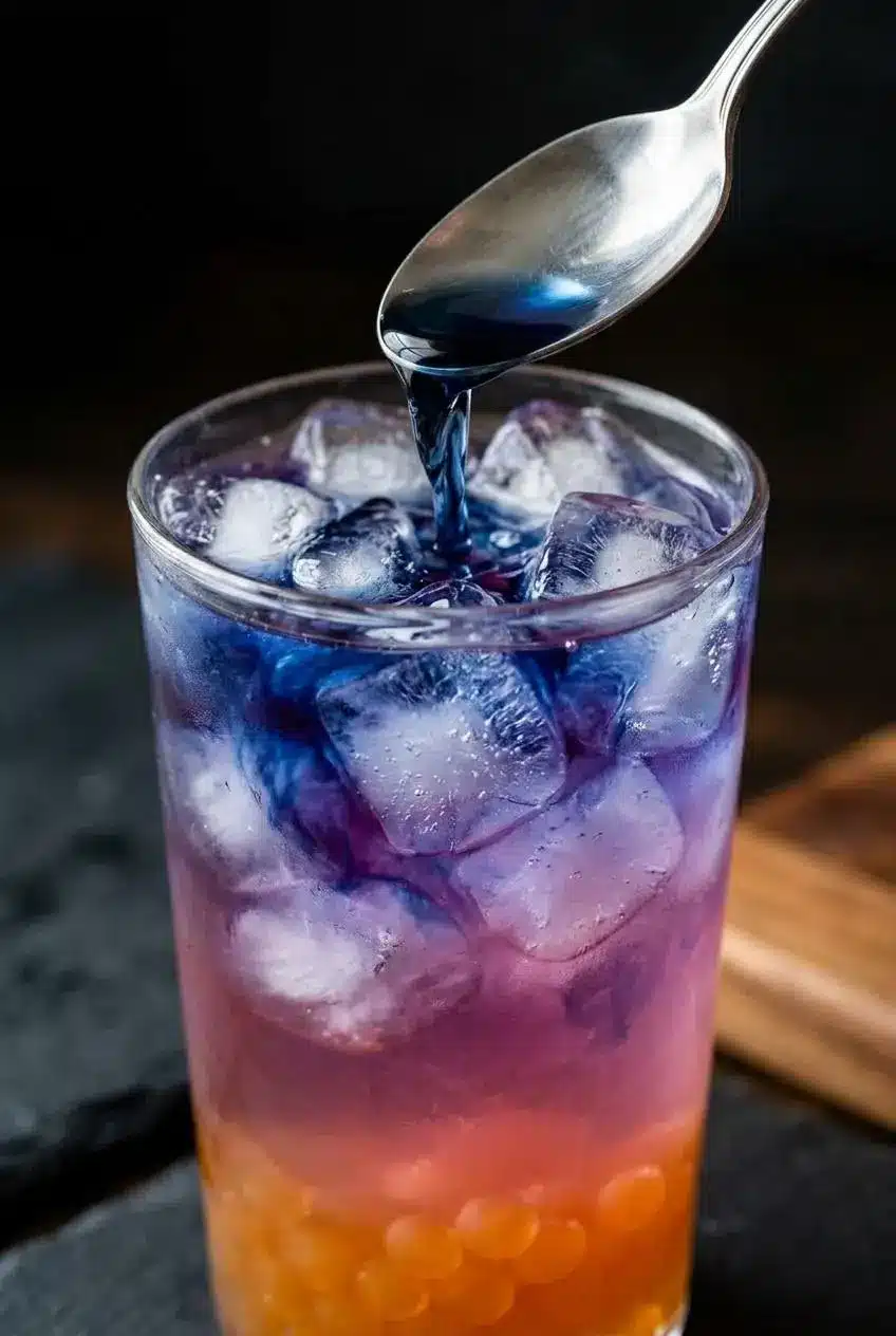 A close-up of blue butterfly pea tea being poured from a spoon over ice, creating purple swirls as it hits the pink drink below.