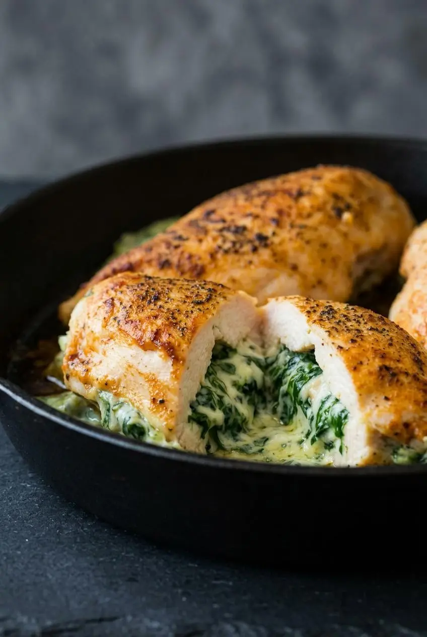 A close-up, sliced view of a cooked stuffed chicken breast, highlighting the juicy white meat and the thick, creamy spinach and cheese