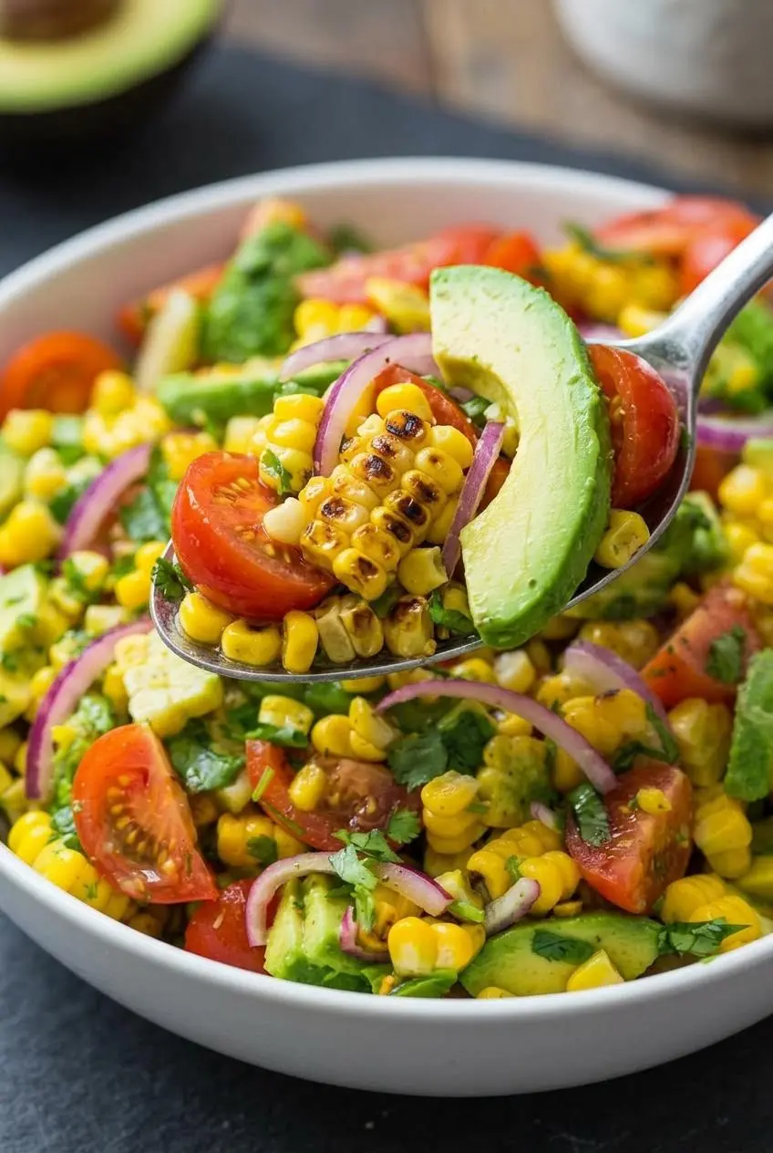 A close-up spoonful of corn salad showing the perfect texture of charred corn, bright green avocado, and juicy tomatoes.