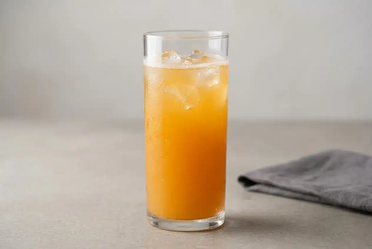 A refreshing Cortisol Cocktail in a tall glass, garnished with a fresh orange slice and a sprig of rosemary, showing its fizzy texture.