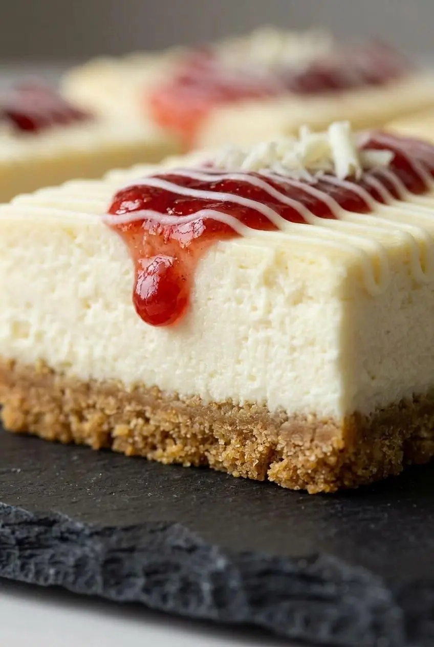 A close-up macro shot of a cheesecake bar, showing the perfectly smooth, dense, crack-free cheesecake filling on top of a crumbly graham