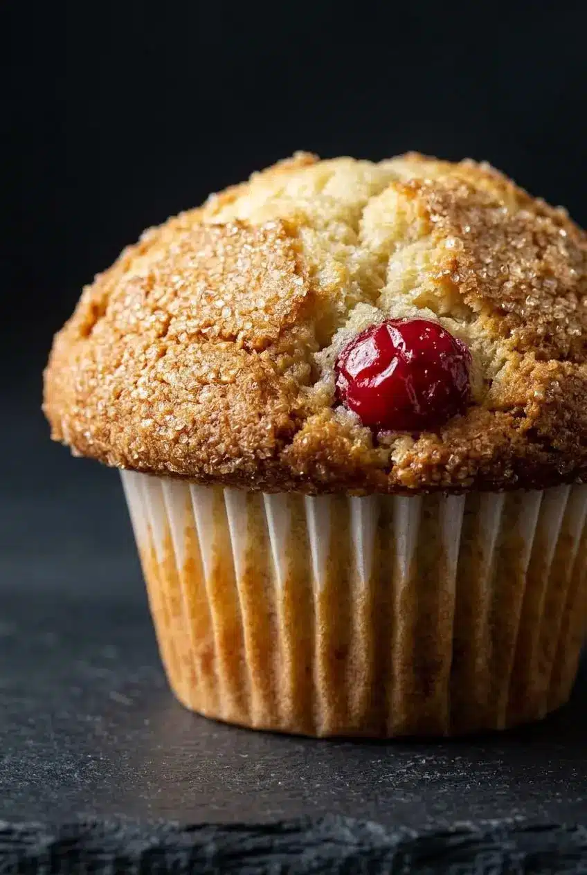A dramatic close-up of a single cranberry orange muffin, highlighting its tall, golden-brown top sprinkled with coarse sugar.