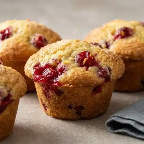 A stack of three cranberry orange muffins with golden-brown tops, one cut in half to show the fluffy interior with red cranberries.