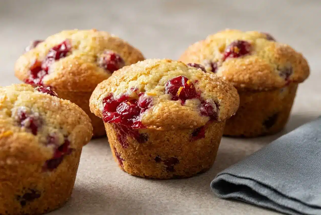 A stack of three cranberry orange muffins with golden-brown tops, one cut in half to show the fluffy interior with red cranberries.