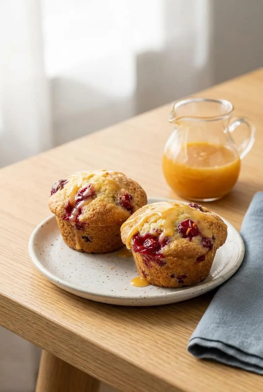 Two cranberry orange muffins drizzled with a shiny orange glaze, served on a white plate for a bright morning breakfast.