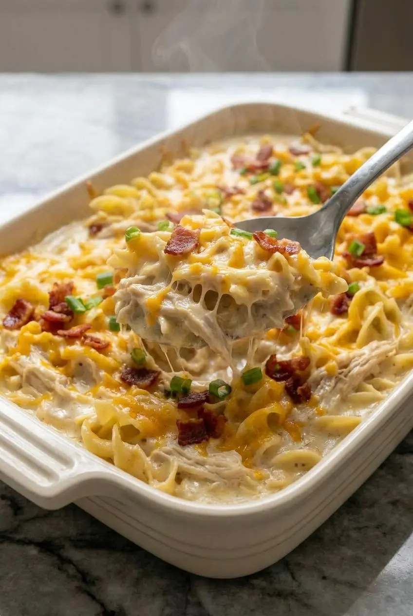 A close-up on the bubbly, golden-brown cheddar cheese and bacon topping of the Crazy Good Casserole, showing a perfect bake.