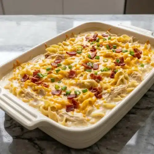 A golden-brown Crazy Good Casserole in a baking dish, with a rich, homemade cream sauce bubbling around egg noodles and chicken.