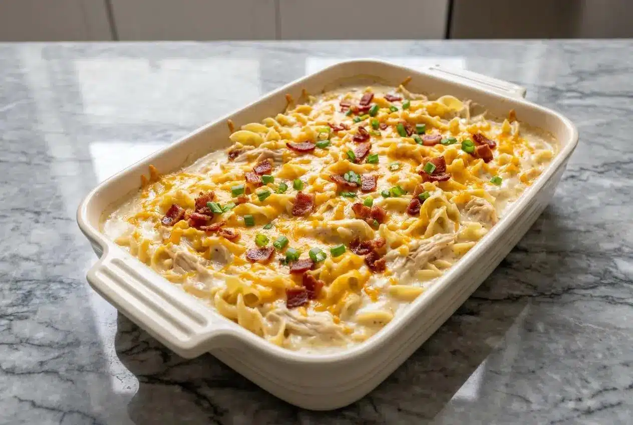 A golden-brown Crazy Good Casserole in a baking dish, with a rich, homemade cream sauce bubbling around egg noodles and chicken.