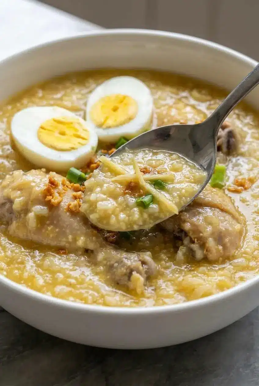 A close-up view showing the thick, creamy texture of this Arroz Caldo recipe, with tender bits of chicken and soft rice.