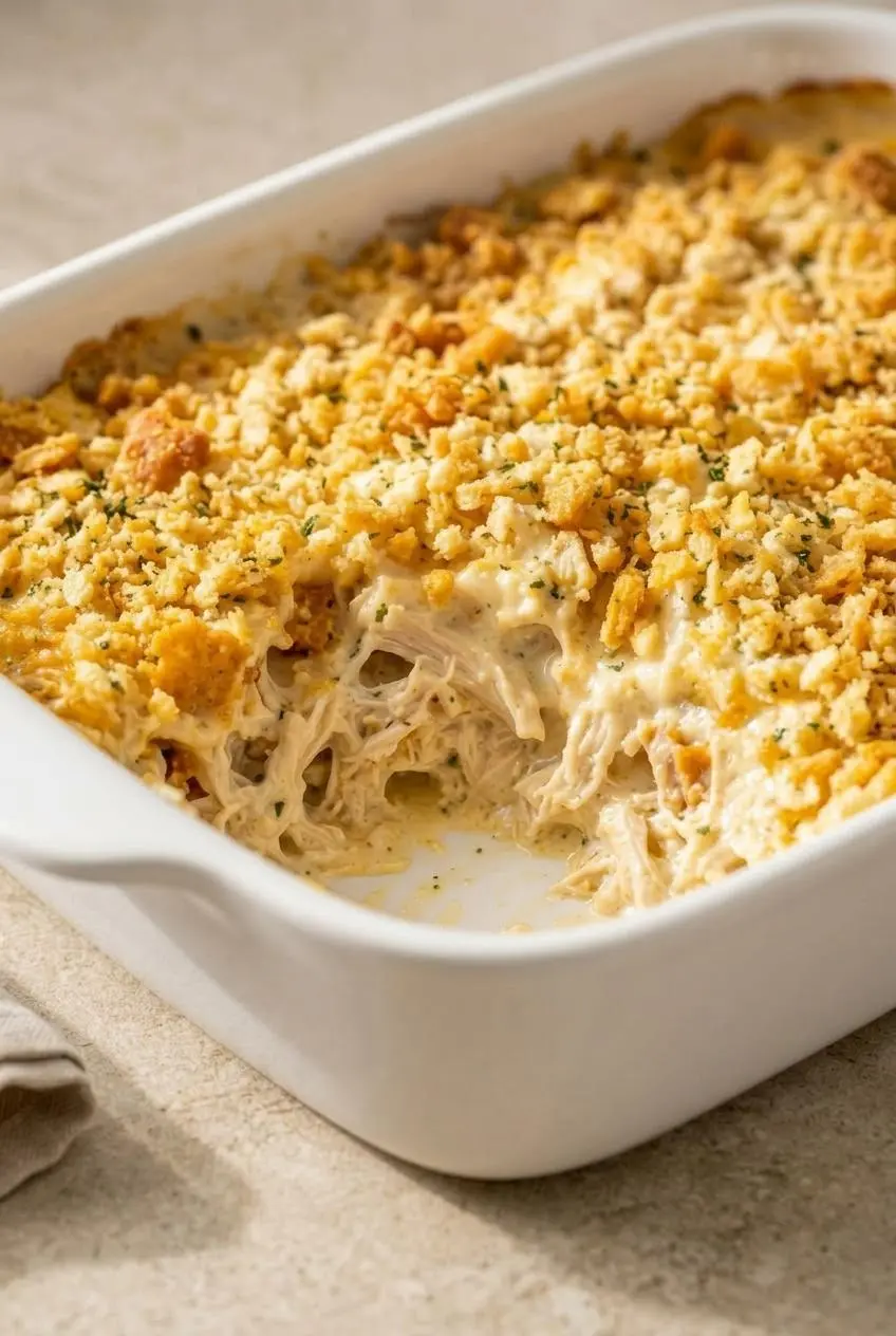 A close-up of a square baking dish with chicken casserole, where a scoop has been taken to show the creamy interior and crunchy topping.