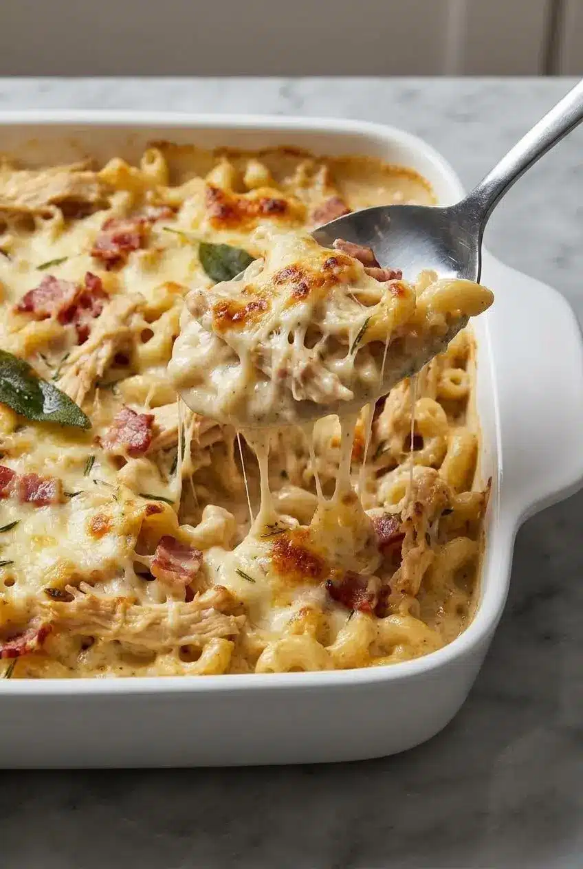 A close-up scoop showing the inside of the creamy chicken pasta bake, with tender chicken and a rich sauce coating the pasta.