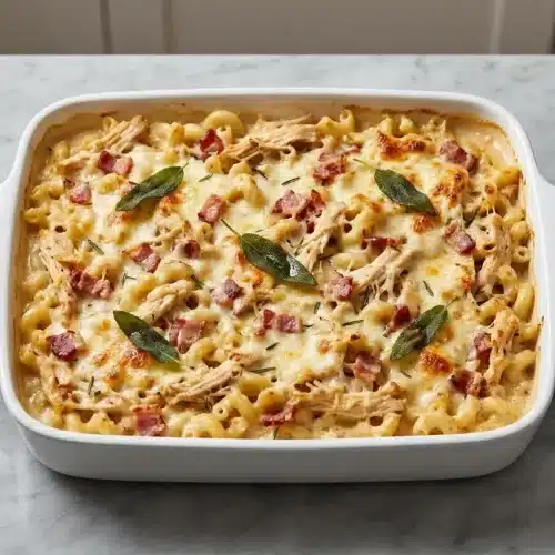 A golden-brown creamy chicken pasta bake in a casserole dish, made with a rich brown butter and sage cream sauce.