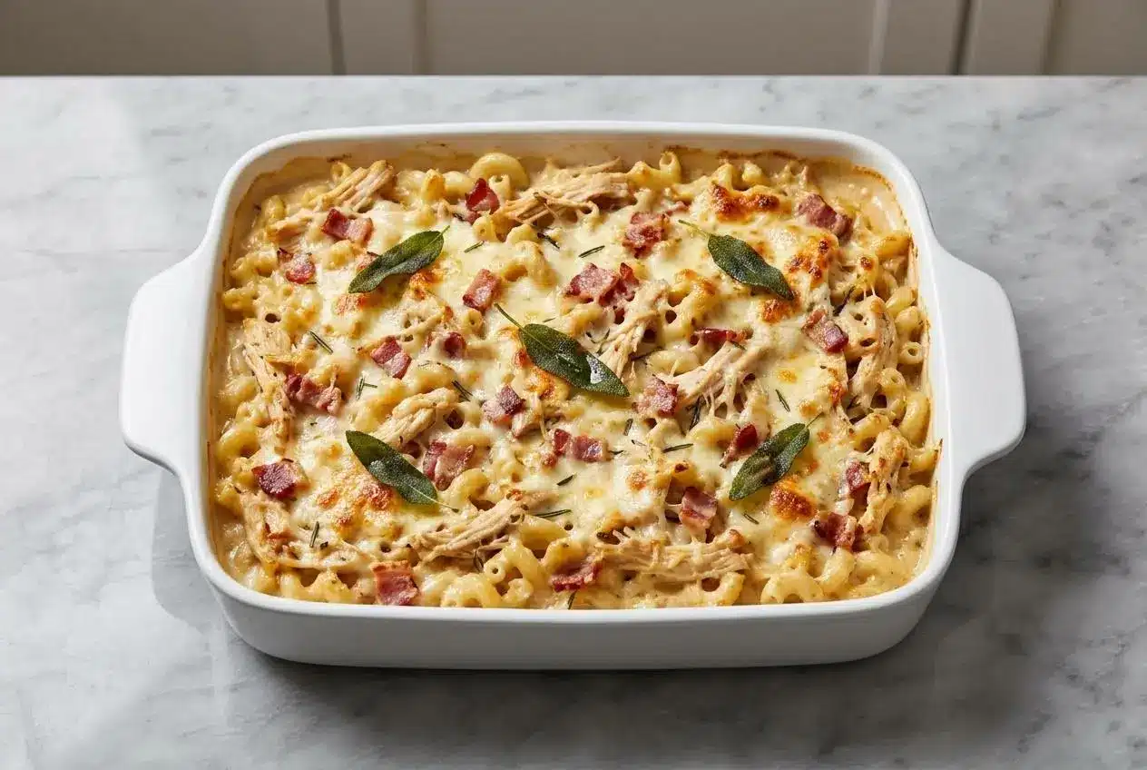 A golden-brown creamy chicken pasta bake in a casserole dish, made with a rich brown butter and sage cream sauce.