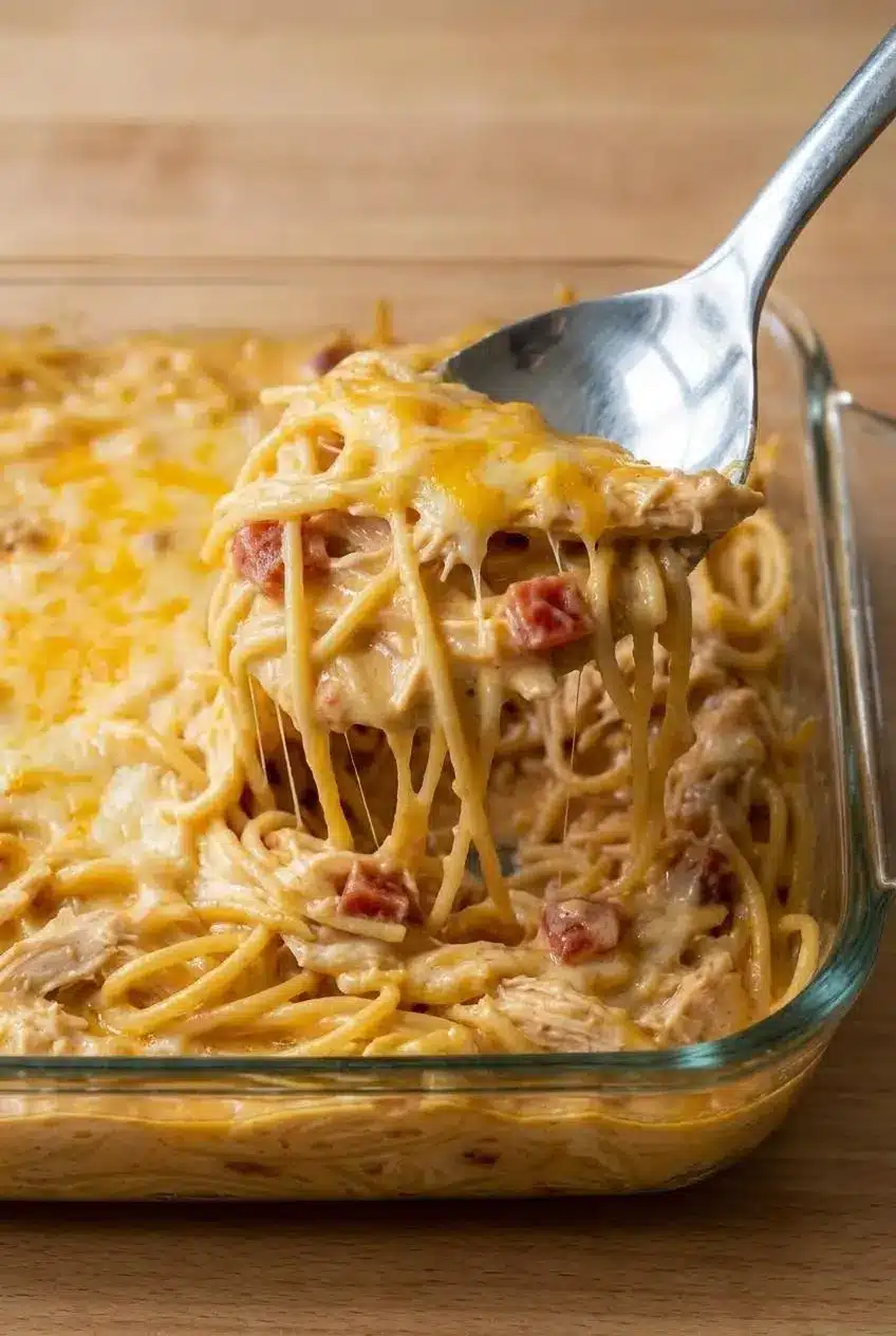 A close-up spoonful of chicken spaghetti recipe, showing the creamy homemade cheese sauce clinging to the pasta and shredded chicken.