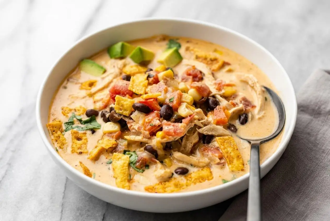 A white bowl of creamy chicken taco soup topped with shredded cheese, fresh cilantro, and crispy tortilla strips.
