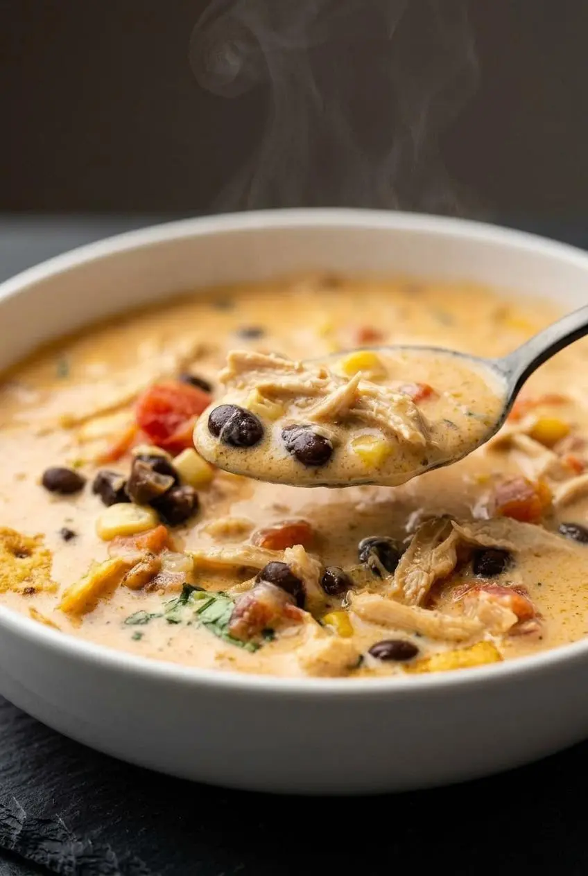 Macro close-up of a spoon lifting creamy chicken taco soup, showing the smooth, silky broth texture without any lumps.