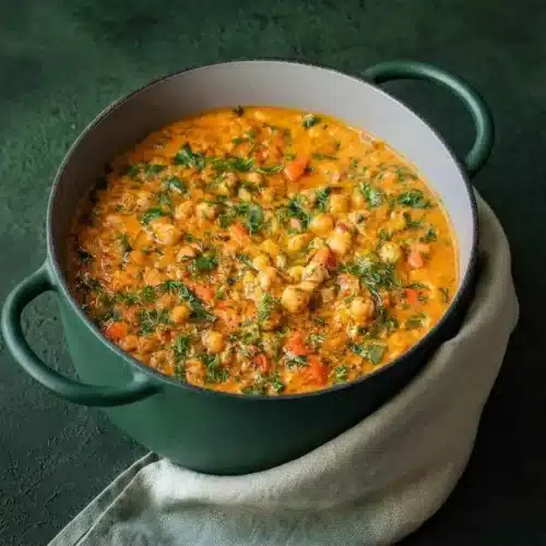 A white bowl of creamy chickpea soup topped with fresh dill and a swirl of olive oil, with a spoon resting inside.