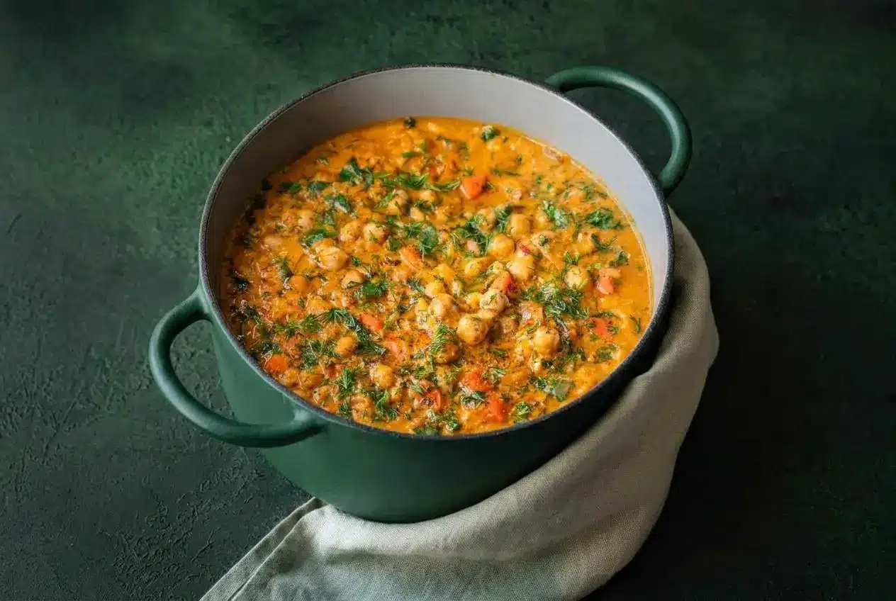 A white bowl of creamy chickpea soup topped with fresh dill and a swirl of olive oil, with a spoon resting inside.