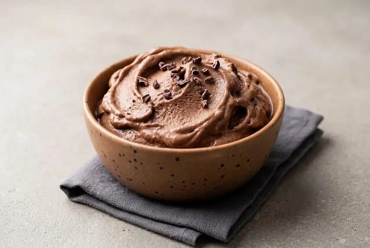 A bowl of creamy chocolate protein ice cream with a perfect scoop taken out, showing its smooth, rich texture.
