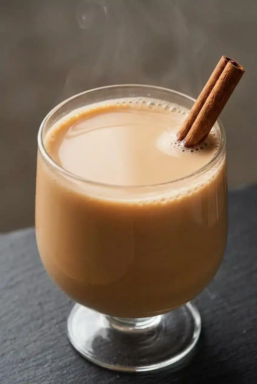 A close-up macro shot of vanilla cinnamon milk tea, showing its smooth, creamy texture and a cinnamon stick resting on top.