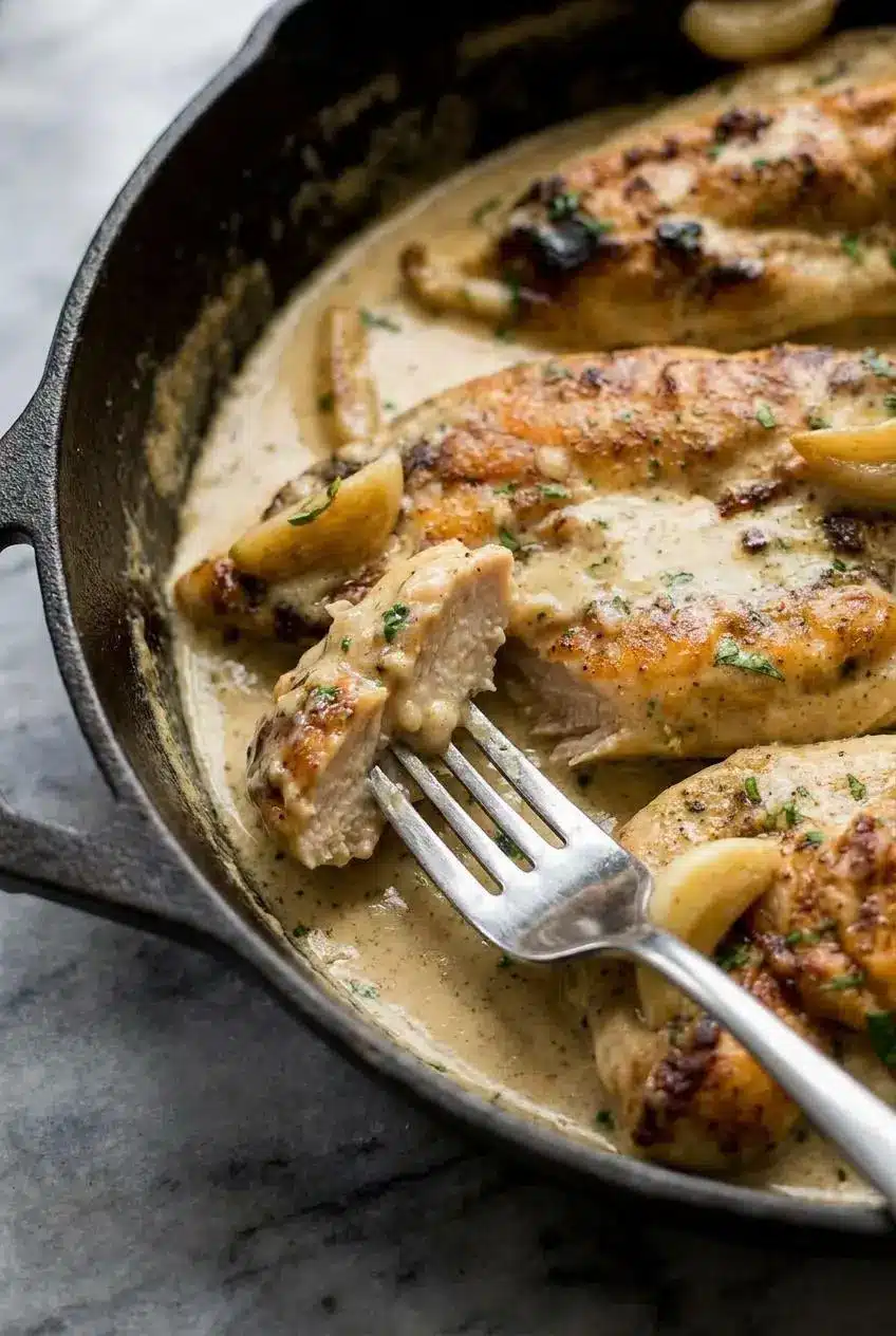 A close-up of the rich, golden sauce for Creamy Garlic Chicken simmering in a skillet, showing its velvety texture.
