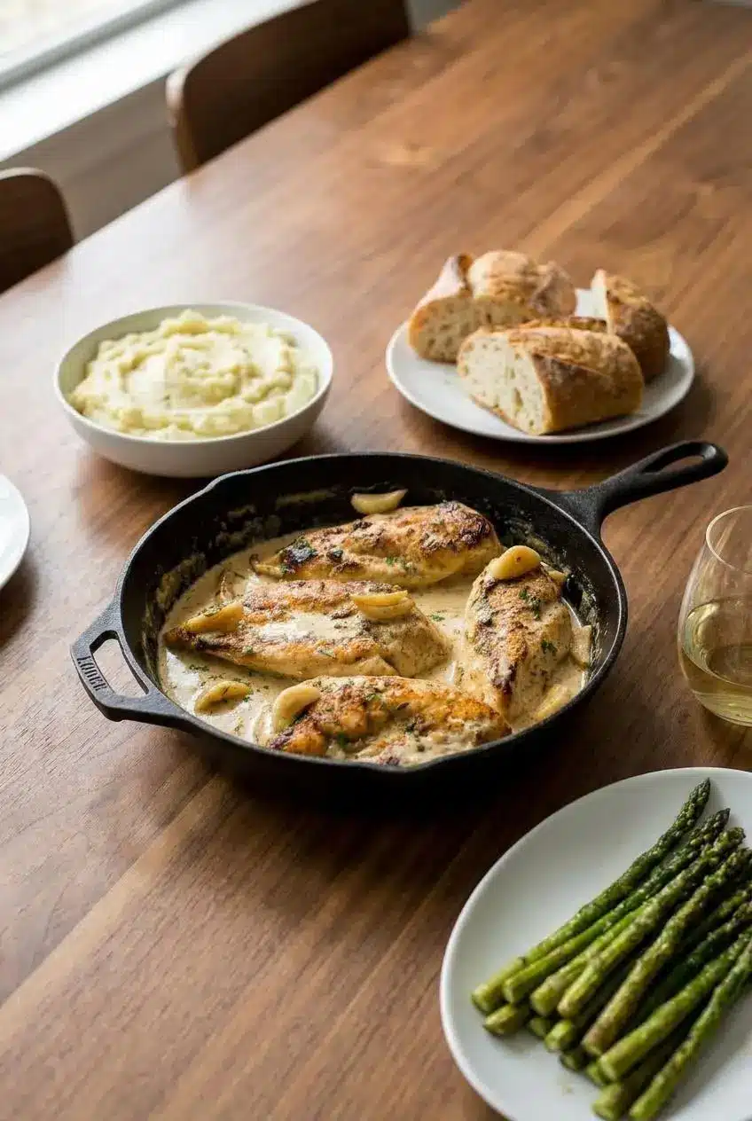 A single serving of Creamy Garlic Chicken plated over fluffy mashed potatoes, garnished with parsley for a weeknight dinner.