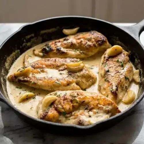 A cast iron skillet filled with Creamy Garlic Chicken, featuring pan-seared chicken breasts in a rich, nutty brown butter sauce.