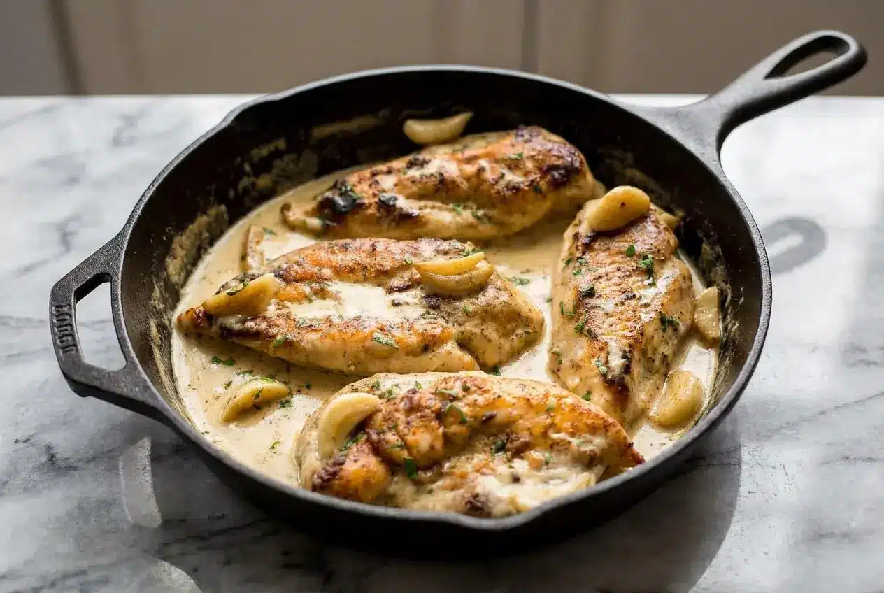 A cast iron skillet filled with Creamy Garlic Chicken, featuring pan-seared chicken breasts in a rich, nutty brown butter sauce.