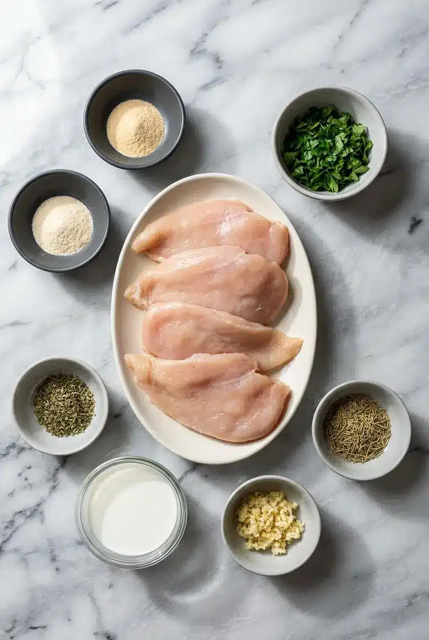 Raw chicken breasts, heavy cream, garlic, and fresh herbs like parsley and thyme arranged to make Creamy Herb Chicken.