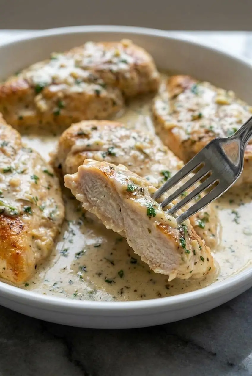 A close-up of the velvety cream sauce with flecks of fresh herbs, simmering in a skillet for the Creamy Herb Chicken.