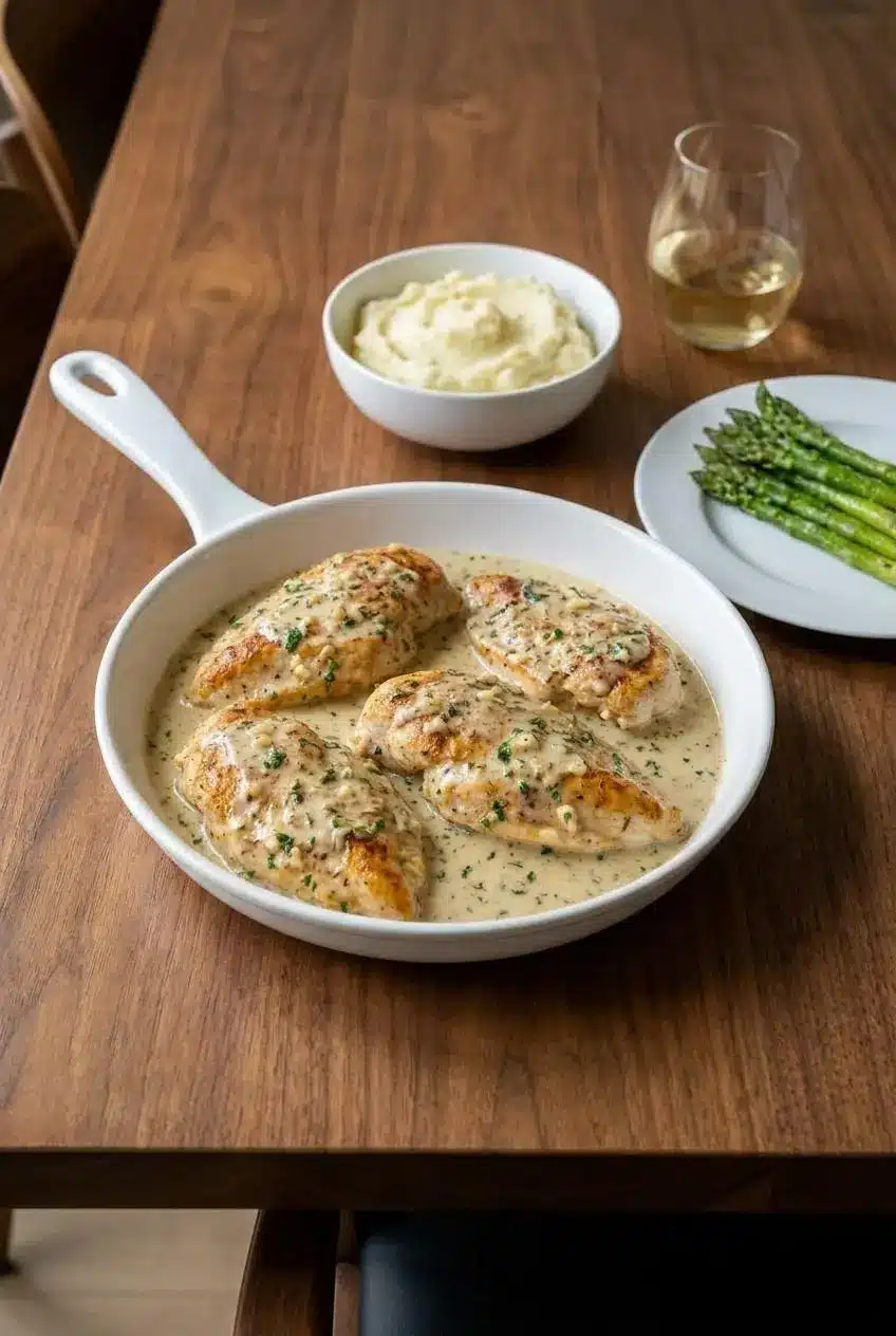 A serving of Creamy Herb Chicken on a white plate with a side of pasta, ready for a cozy weeknight dinner.