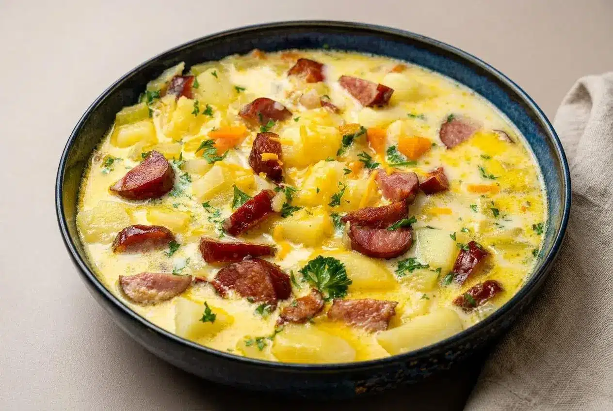 A rustic bowl of Kielbasa Potato Soup, showing a creamy cheddar broth with chunks of smoked sausage, tender potatoes, and a sprinkle of