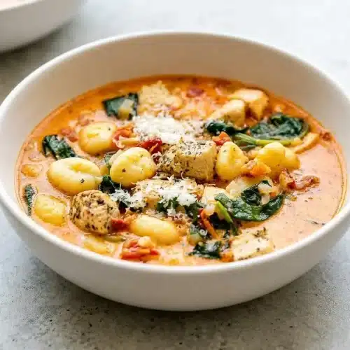 A rustic blue bowl of creamy Marry Me Chicken Soup with gnocchi, chicken, sun-dried tomatoes, and spinach, topped with fresh Parmesan.