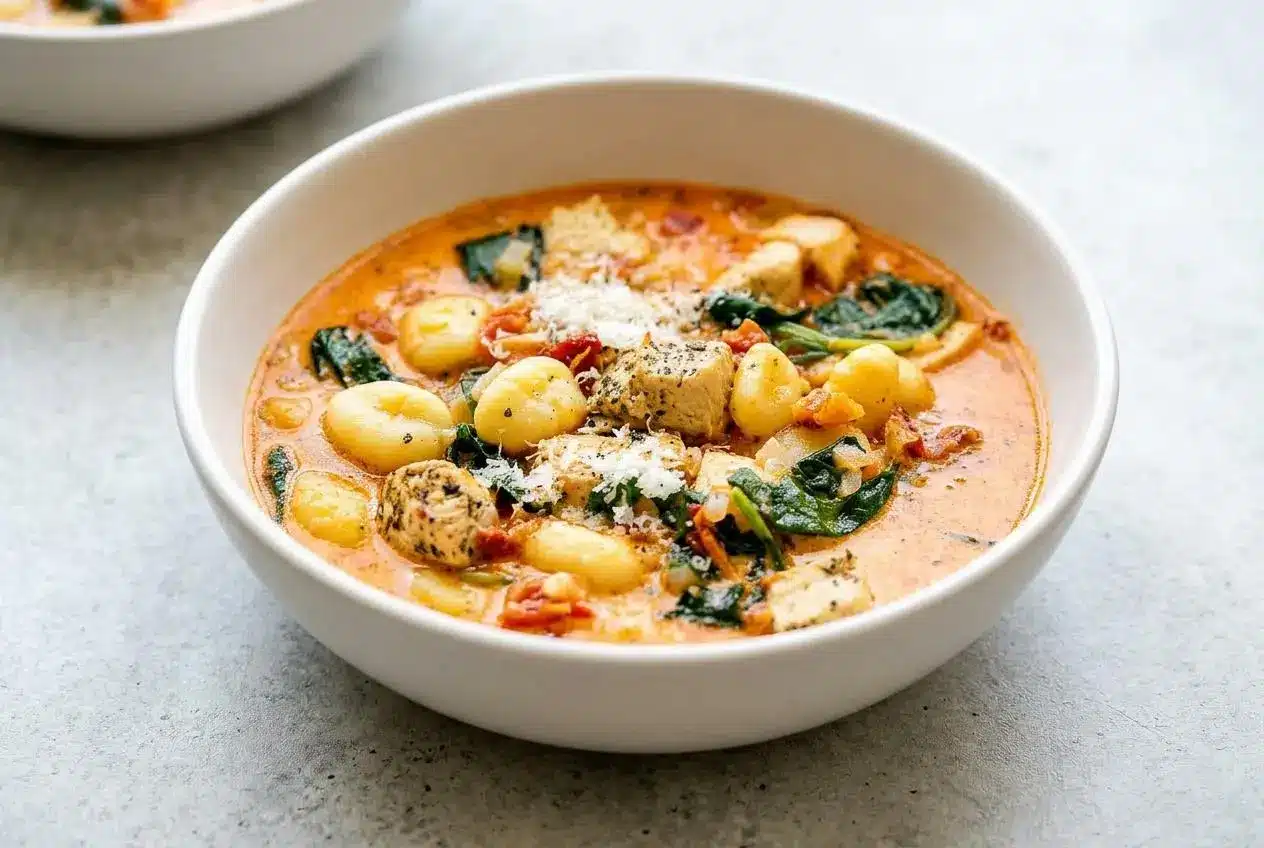 A rustic blue bowl of creamy Marry Me Chicken Soup with gnocchi, chicken, sun-dried tomatoes, and spinach, topped with fresh Parmesan.