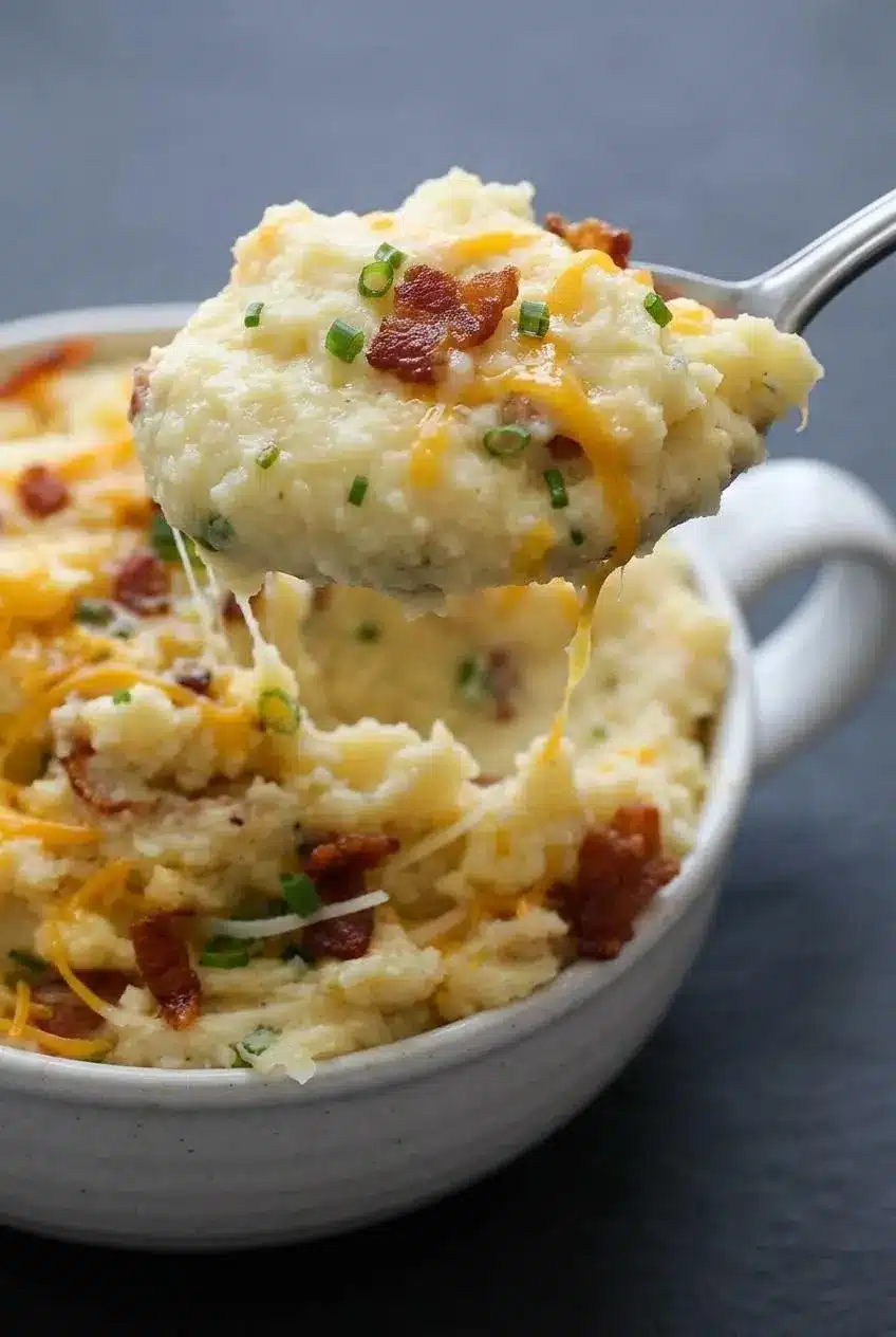 Extreme close-up of a spoonful of creamy mashed potatoes showing a fluffy texture with melted cheese, bacon, and chives.