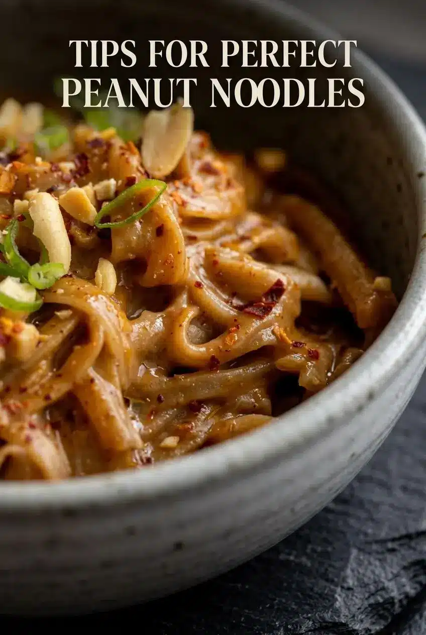 A macro close-up of brown rice noodles coated in a smooth, glossy peanut sauce with visible red pepper flakes.