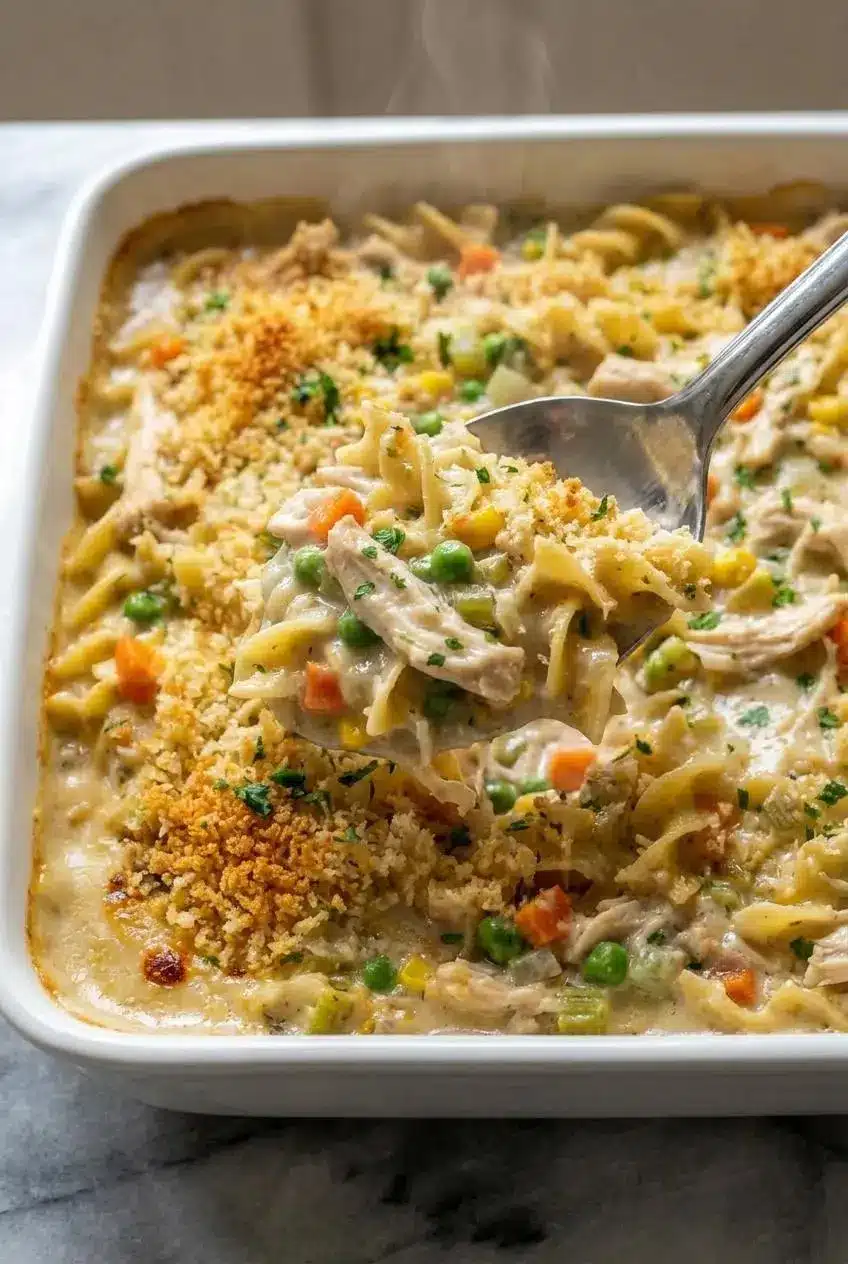 A close-up scoop of the chicken pot pie noodle bake, showing the rich, creamy sauce coating the egg noodles, chicken, and peas.