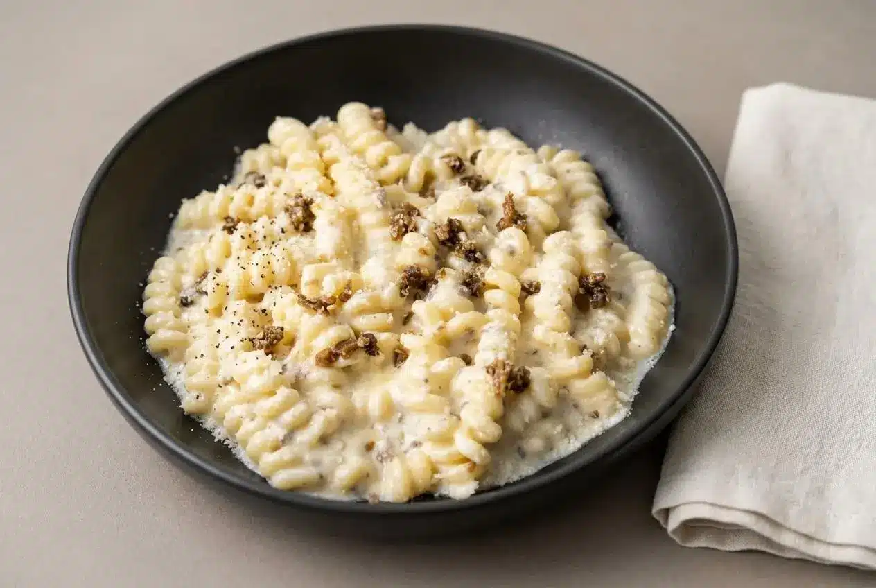 A white bowl of creamy Truffle Pasta, with a glossy Parmesan sauce clinging to fusilli corti bucati pasta.