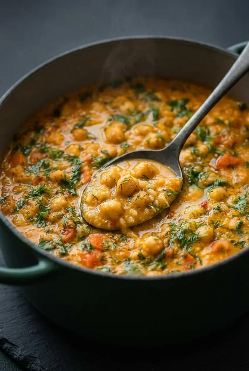 A close-up macro view of creamy chickpea soup, showing the thick texture with whole chickpeas, rice, and flecks of dill.