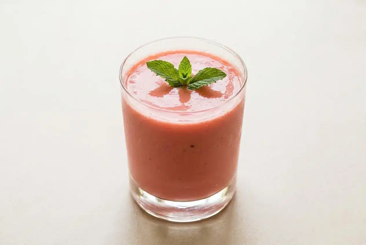 A glass of watermelon smoothie recipe, showing a thick creamy pink texture, garnished with a fresh mint sprig and a small watermelon wedge.