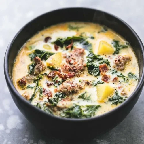 A hearty bowl of creamy Zuppa Toscana soup with spicy Italian sausage, tender potatoes, and wilted kale, topped with bacon and parmesan.