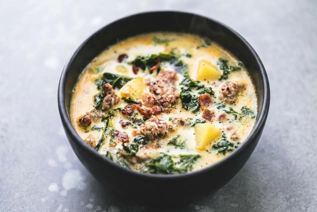 A hearty bowl of creamy Zuppa Toscana soup with spicy Italian sausage, tender potatoes, and wilted kale, topped with bacon and parmesan.