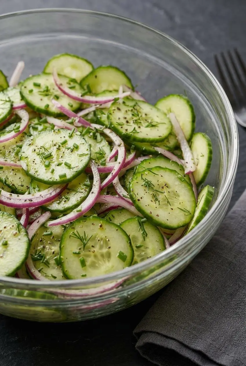 A close-up macro view of cucumber dill salad, highlighting the paper-thin, translucent texture of cucumber slices flecked with fresh dill.
