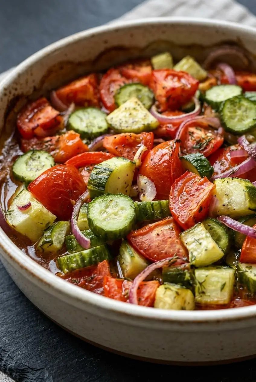 A macro close-up of cucumber tomato salad, showing the crisp texture of the vegetables and a light sheen of dressing without any pooled