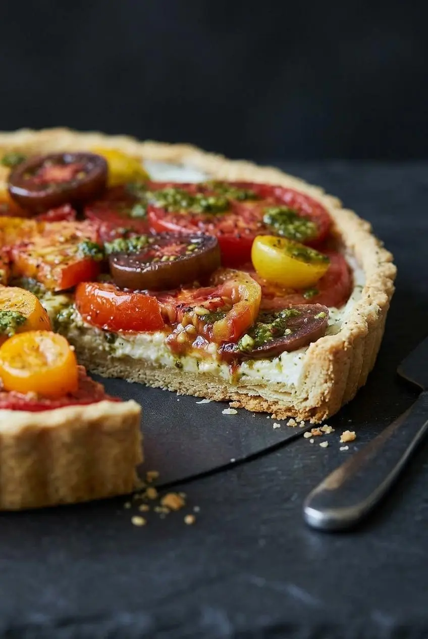 Close-up of a slice of tomato tart showing the crisp, flaky crust layers and the distinct creamy goat cheese filling.