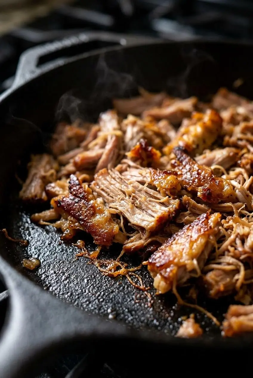 Extreme close-up of shredded pork carnitas getting crispy and caramelized in a hot cast-iron skillet.