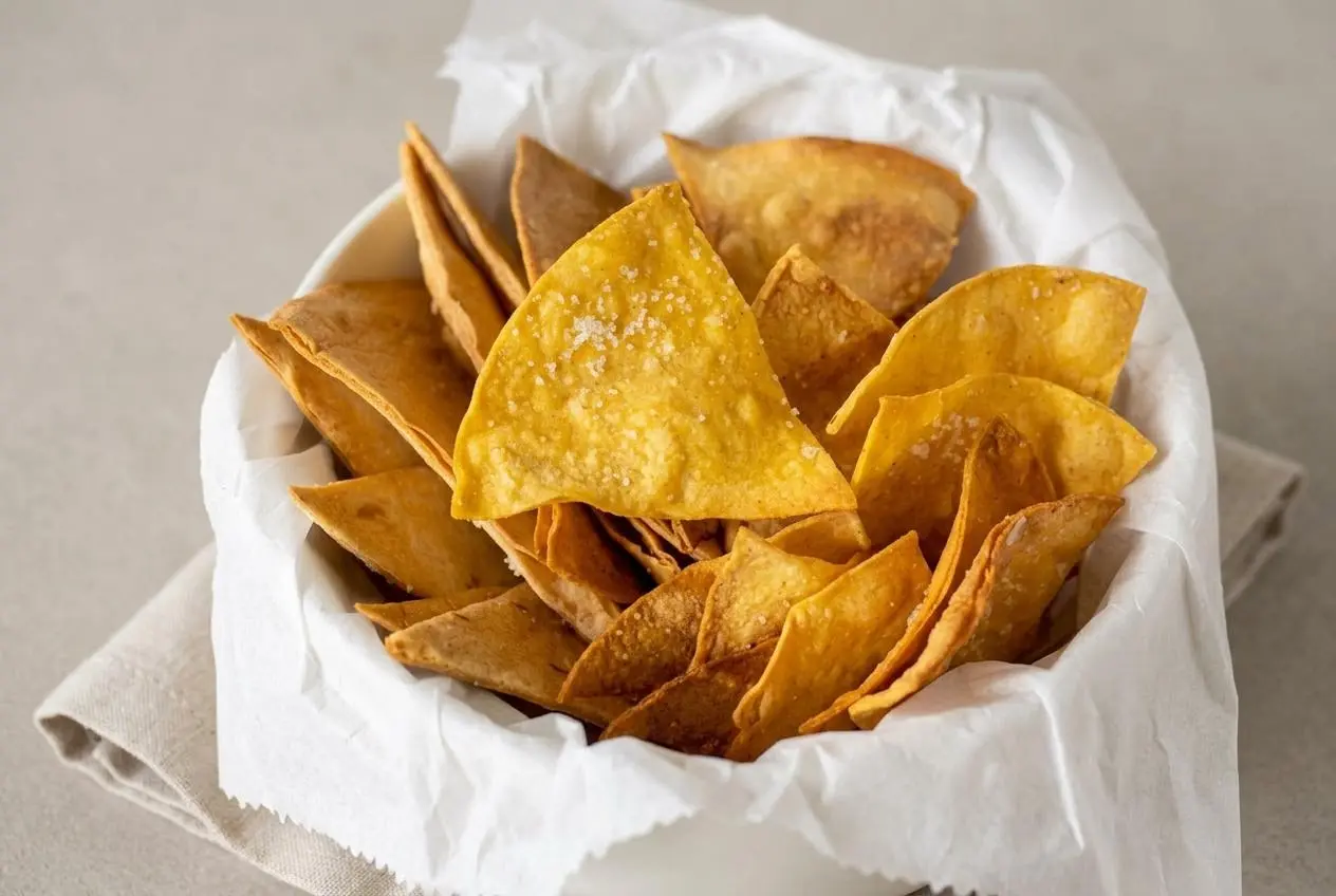 A dark gray bowl filled with crispy, golden Air Fryer Tortilla Chips, with some scattered on a dark slate surface.