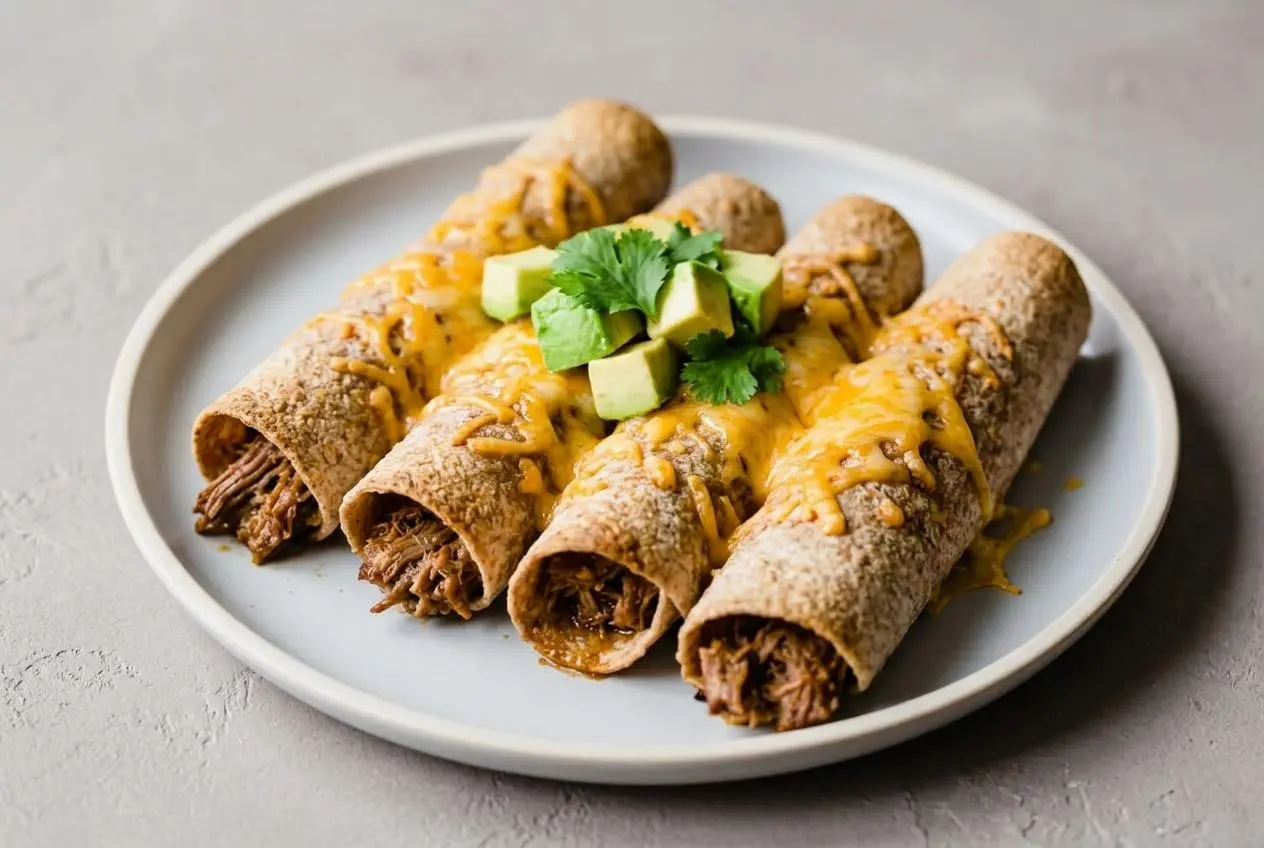 Crispy beef taquitos on a plate, topped with shredded cheese, sour cream, and fresh cilantro.