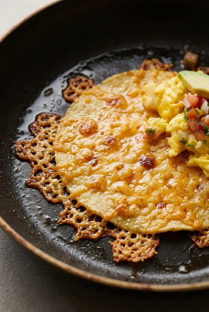 A corn tortilla pressed onto bubbling, melted cheddar cheese with lacy, golden-brown edges in a nonstick skillet.